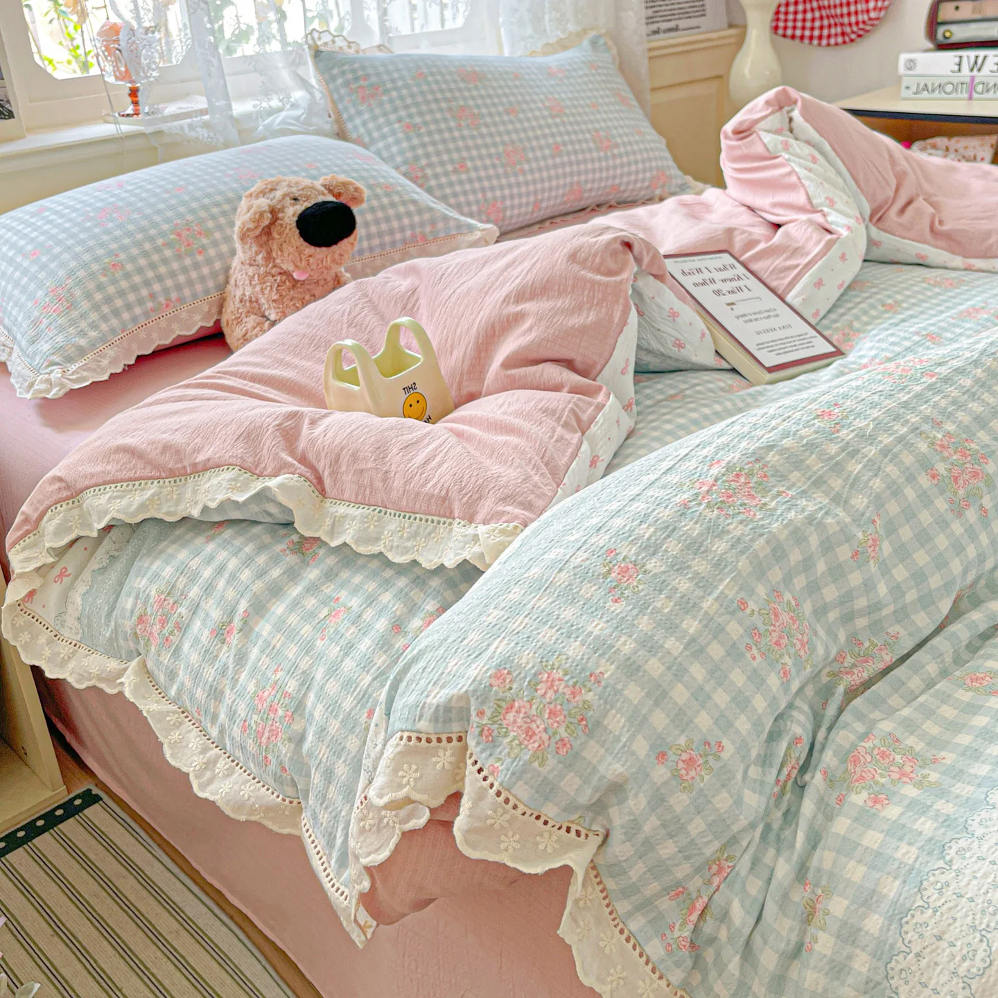 INS Princess Bedding Set Ruffle Lace Quilt Cover Romantic Bedclothes Woman Girls Home Decor Duvet Cover Set Korean Style Floral