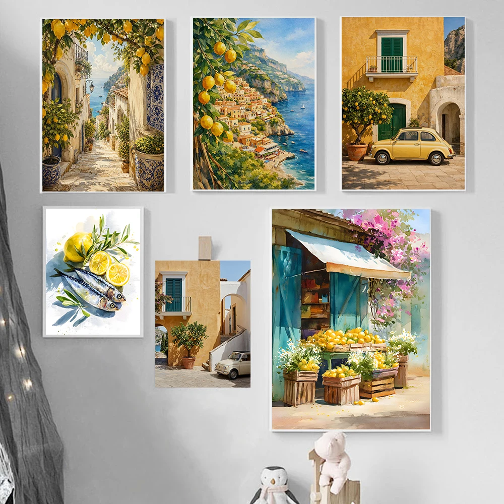 Italian Courtyard Mediterranean Lemon Tree Poster Summer Archway Coastal Prints Canvas Painting Wall Art Picture Home Room Decor