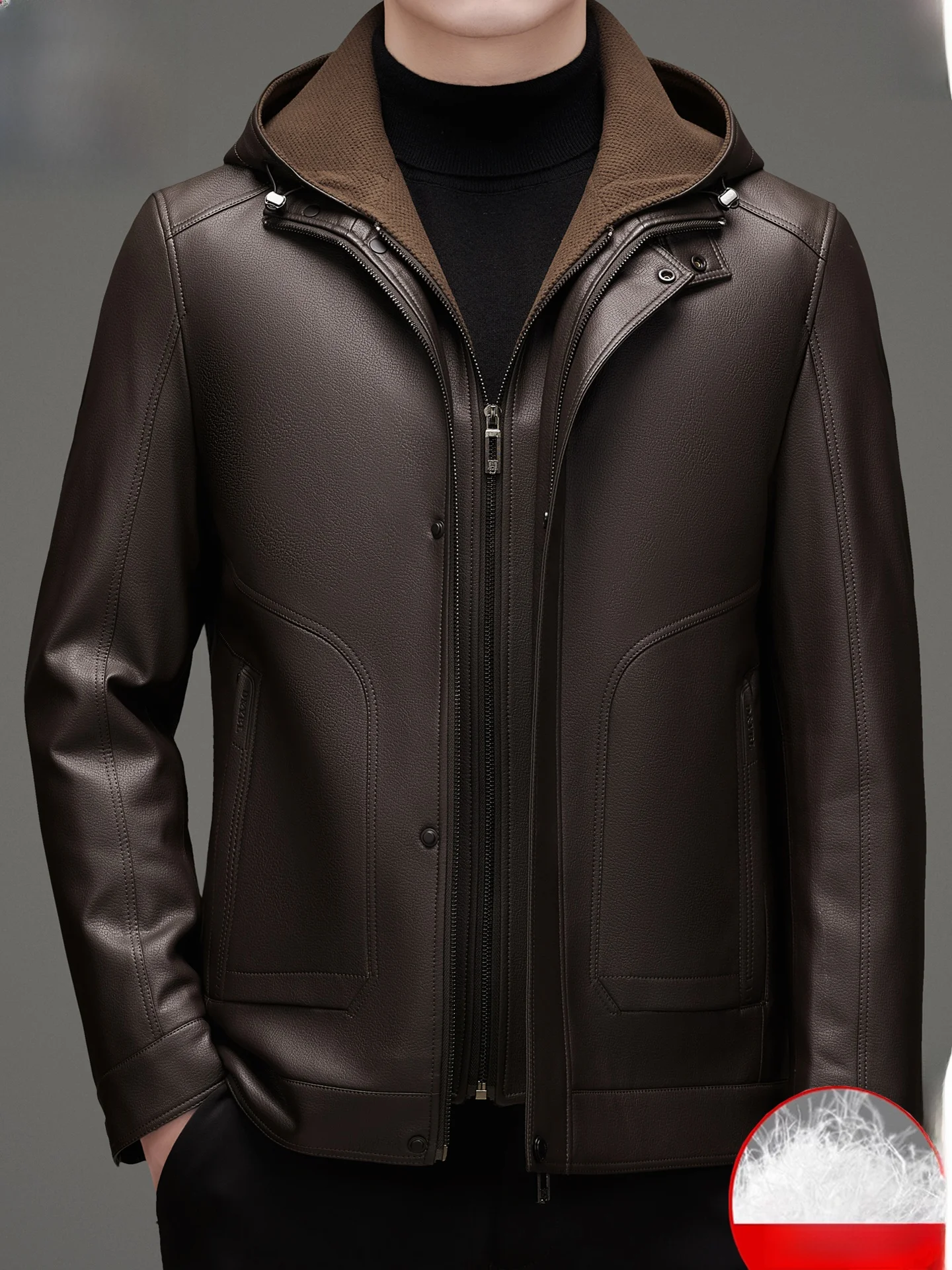 

Autumn Winter Thiened Genuine Leather down Jaet Men's Hooded eepskin Coat Middle-aged Busin Casual Sle Zipper Closure