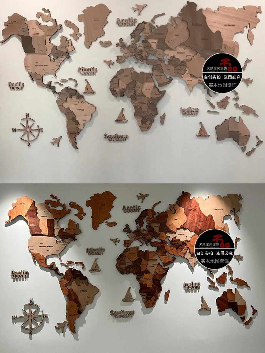 Mappa del mondo in legno massello da viaggio nordico soggiorno sfondo decorazione della parete grandi dipinti decorativi ufficio divisione scuola