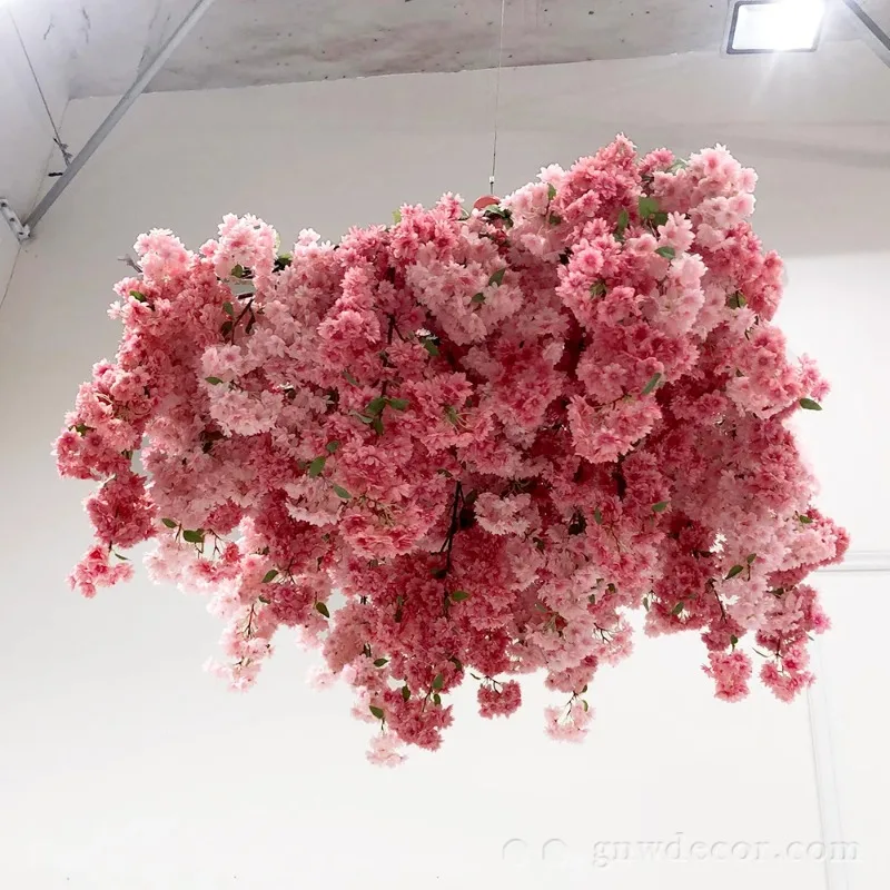 GNW 5D Hotel Decoration Wedding Cafe Ceiling Decorative Flores Pink Branch Plastic Plant Hanging Wall Ceiling
