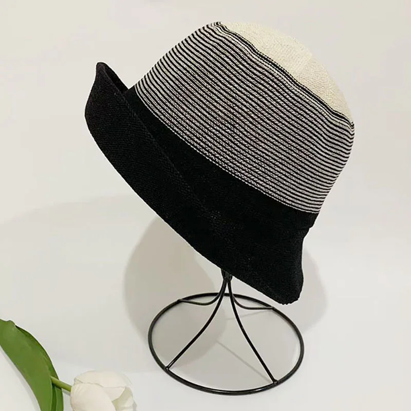 Women Weave Versatile Bucket Hat Summer Fashion Edge Roll Stripe Fisherman Cap Outdoor Sunscreen Travel Foldable Breathable Hat