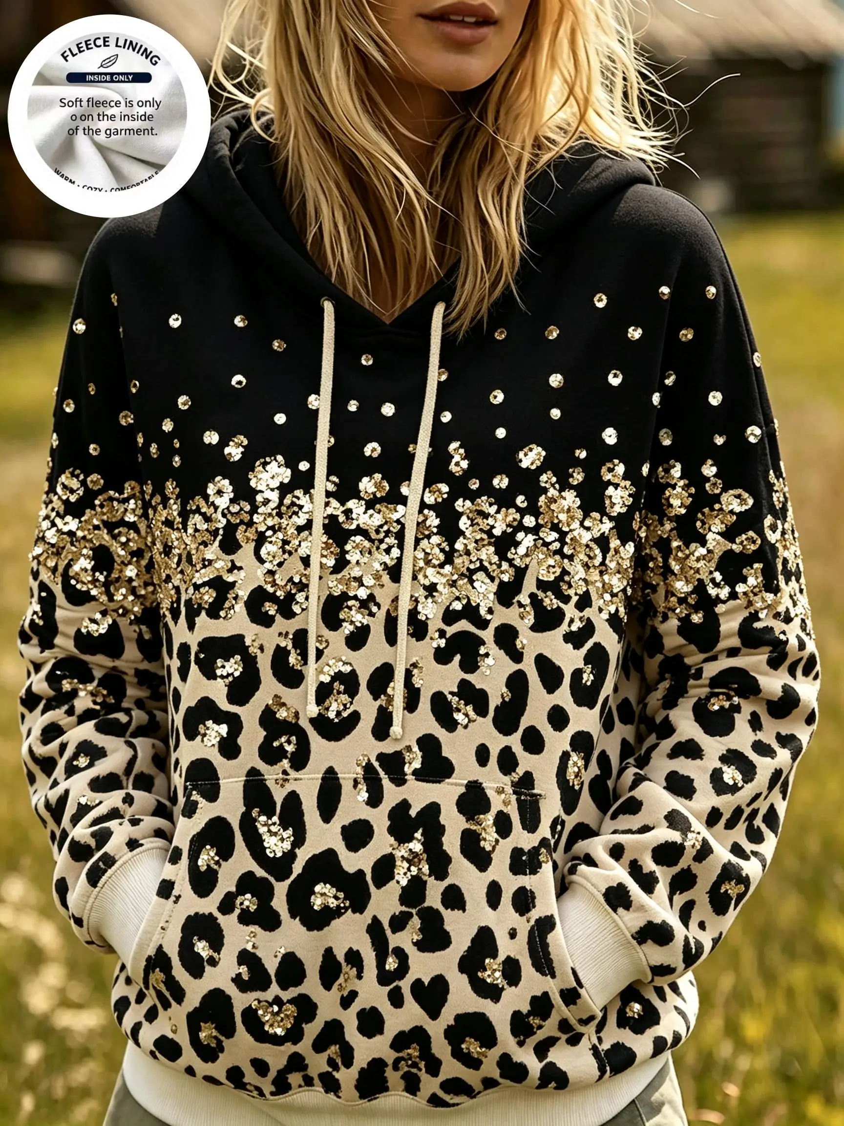 Women Fleece Hoodie Gradient Gold Glitter Marble Leopard Crocodile Texture Print Hooded Pullover