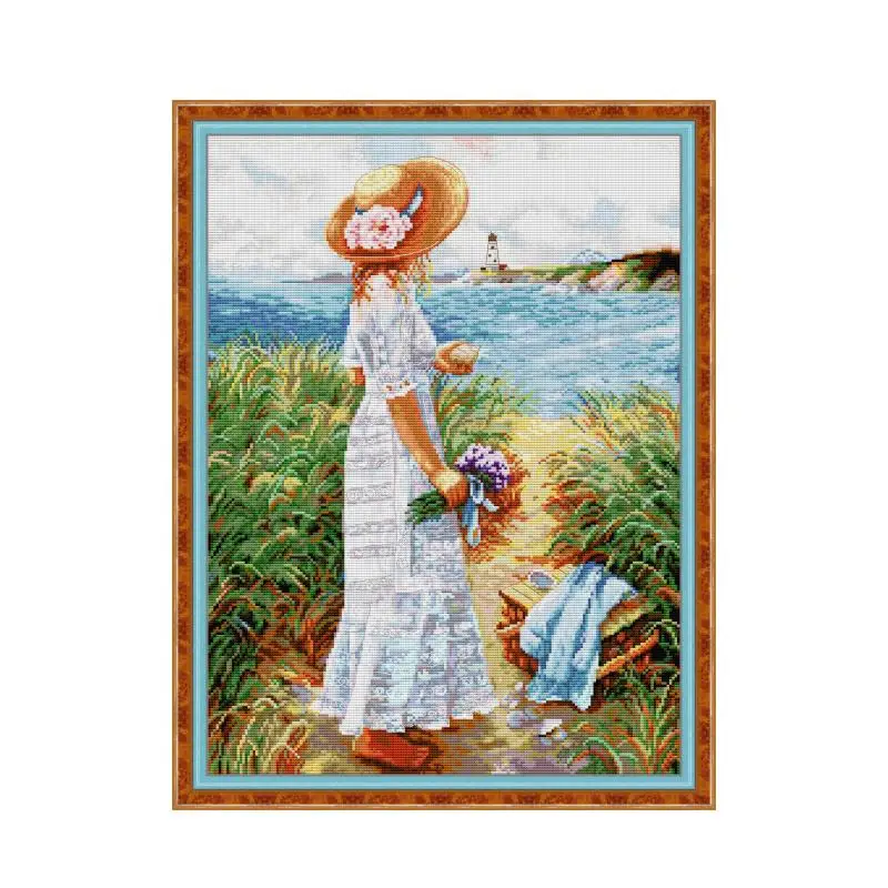 

Girl With Flowers DIY Printed Cross Stitch Kits Pattern 14CT 11CT DIY Count Canvas Fabric Embroidery Set Needlework Sewing Kits