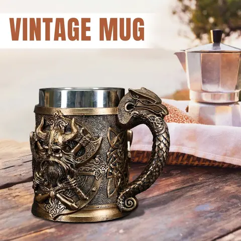 Viking Warrior Dragon Handle Beer Mug, Norse Rune Imitation Wood Resin Tankard with 304 Stainless Steel Liner