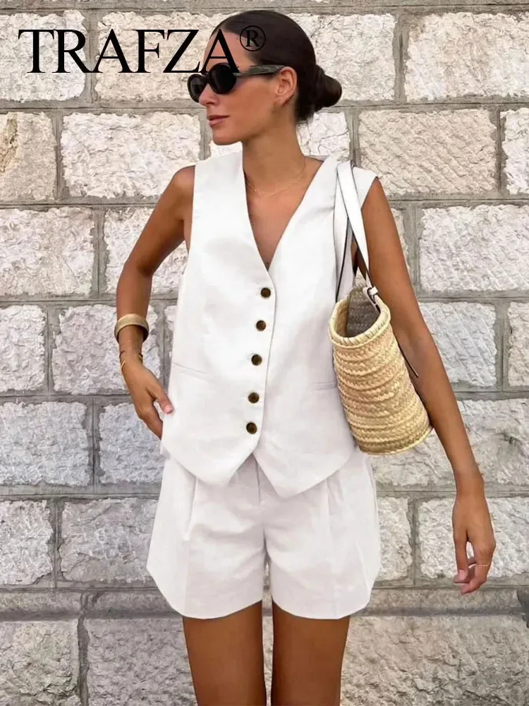 TRAFZA Summer Women Casual Vintage Solid Pant Suit Button Waistcoat Vest Top + High Waist Shorts Sets Woman Linen Clothing