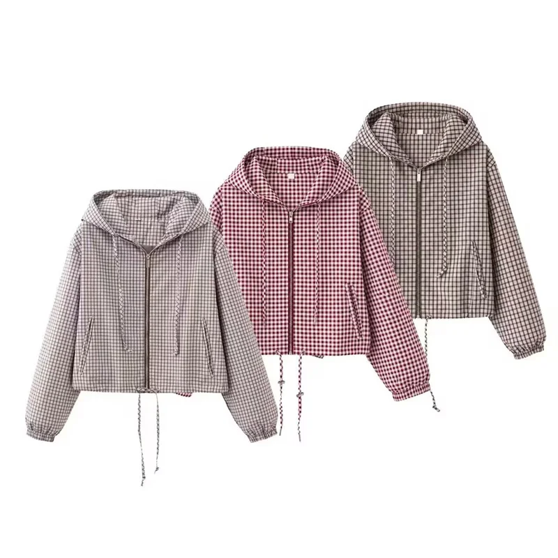 Guobioziy 2026 Women's New Plaid Hooded Jacket Fashionable and Versatile Elegant and Graceful Casual and Simple