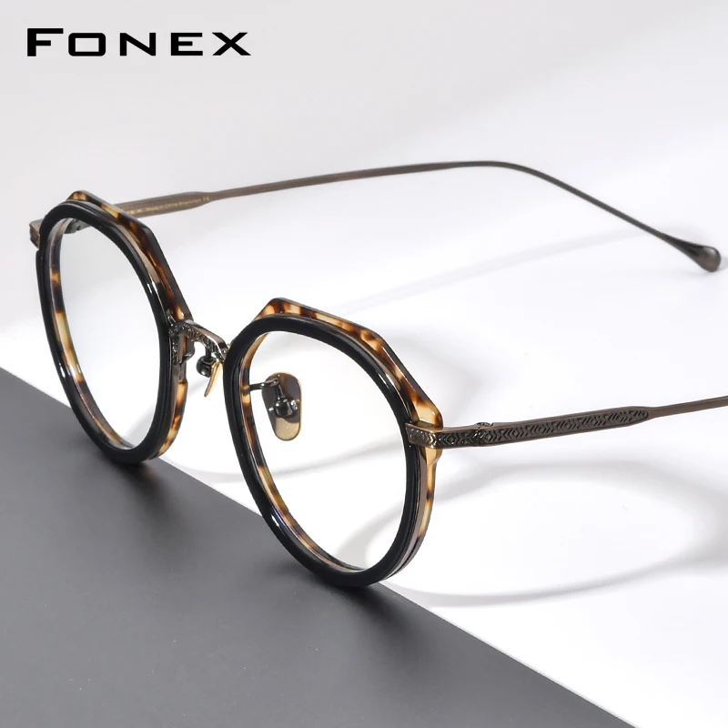 FONEX Acetate Titanium Eyeglasses Frame Men Retro Brand Design Vintage Round Glasses Women Japanese Ultralight Eyewear LO04