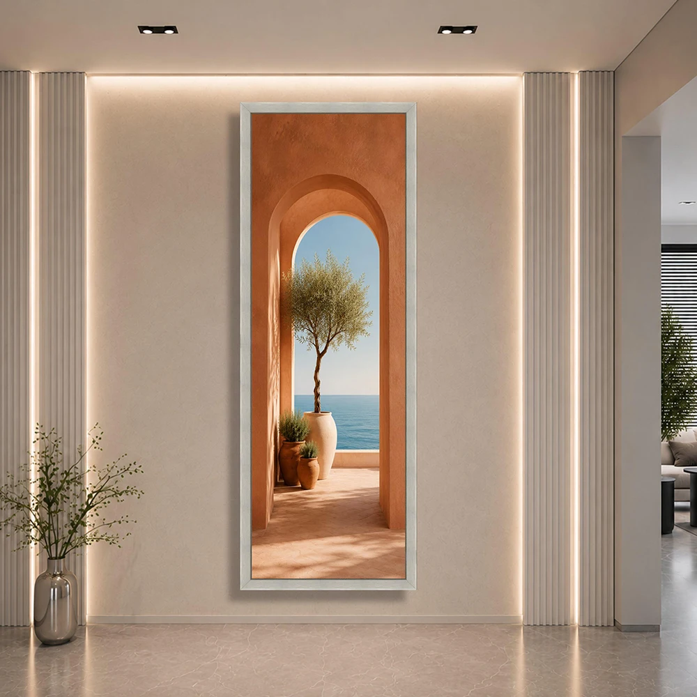 Mediterranean Archway View, Olive Tree Canvas, Coastal Wall Art, Terra Cotta Decor, Sea Horizon Canvas, Rustic Home Decoration,