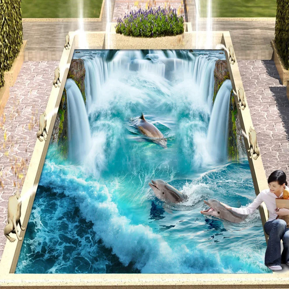 Custom 3D Flooring Mural Wallpaper Stereoscopic Dolphin Waterfall Floor Sticker Painting Bathroom Floor Decor Vinyl Wallpaper