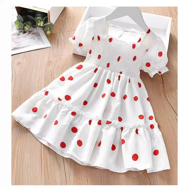 Short-sleeved Dress with a Polka Dot Print for Summer with a Small Square Neckline for Small Children and Girls