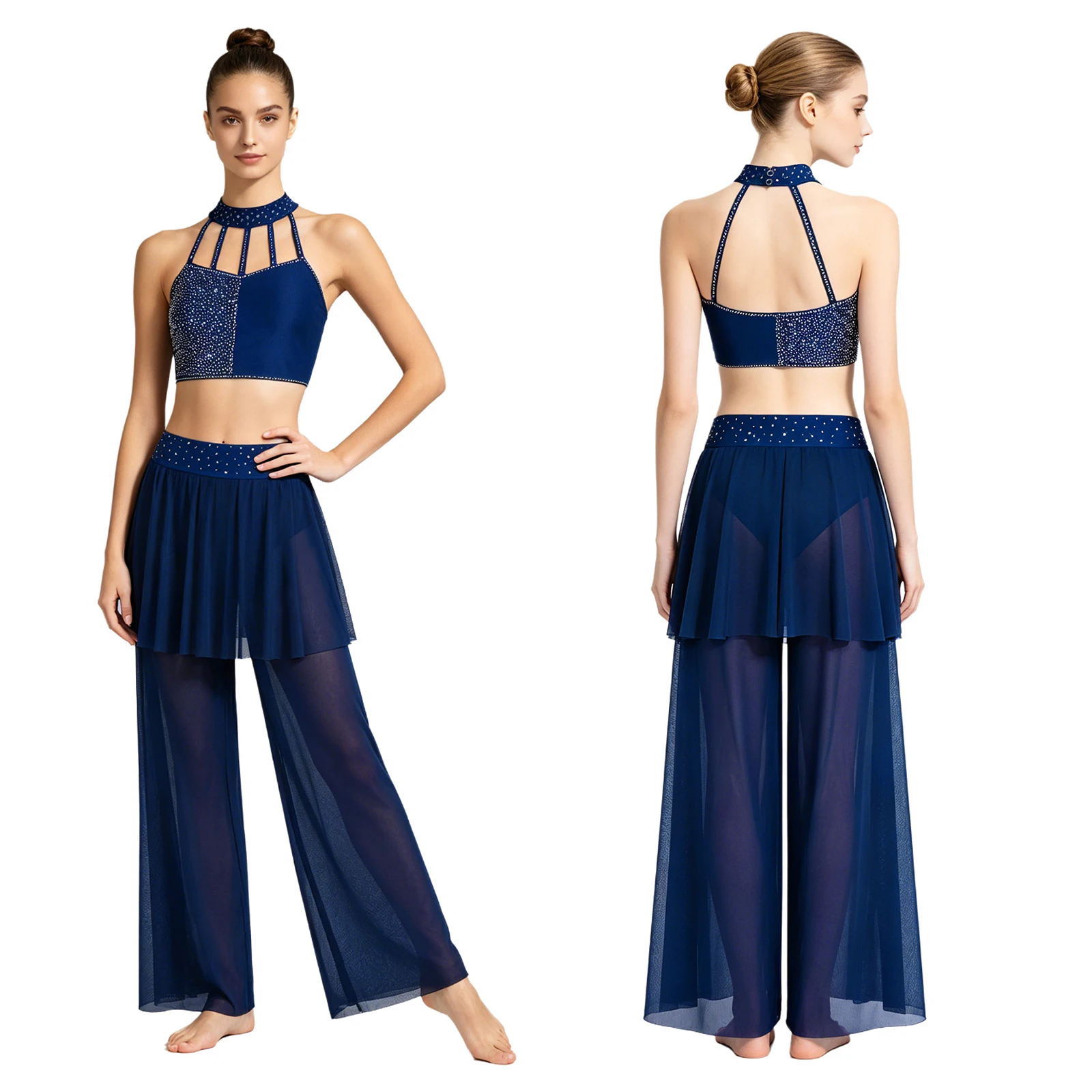 Women Shiny Rhinestone Modern Lyrical Dance Crop Top with Mesh Pants Built-in Briefs Dancewear for Skating Gymnastics Acrobatics