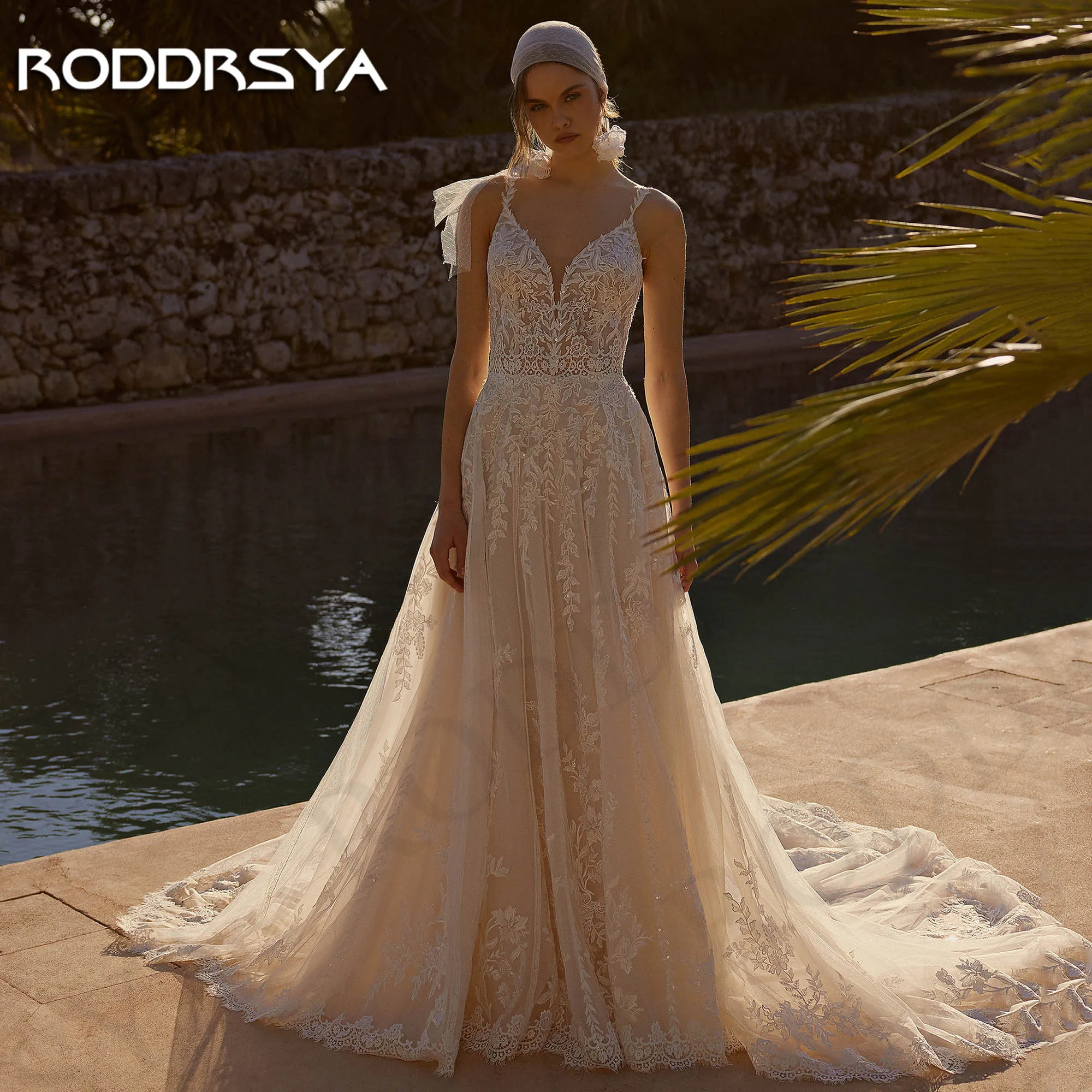 

RODDRSYA Beach A Line Lace Wedding Dress Backless Appliques Boho Tulle Bride Dresses Spaghetti Straps V Neck فساتين حفلات الزفاف