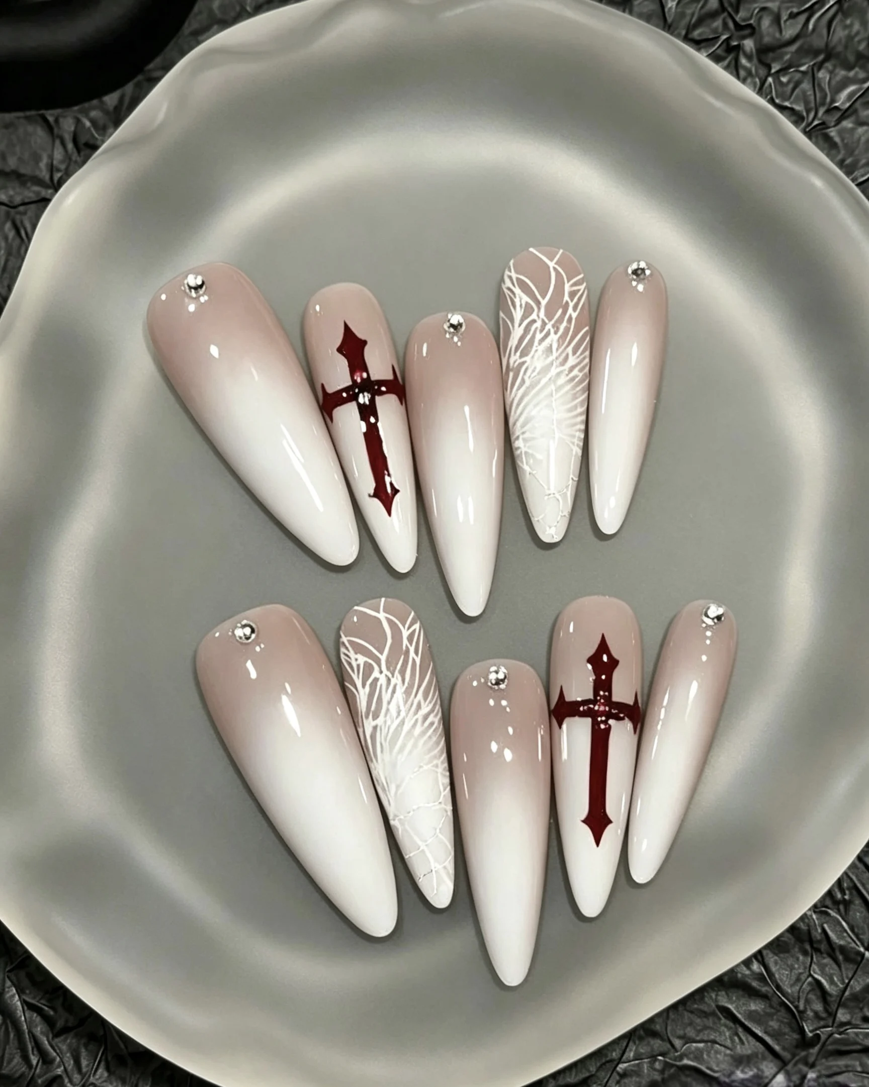 10-Piece Set of Nude Pink Gradient Burgundy Cross Spider Web Gothic Pointed Nails, Handmade and Reusable, Won'T Damage Your Natural Nails