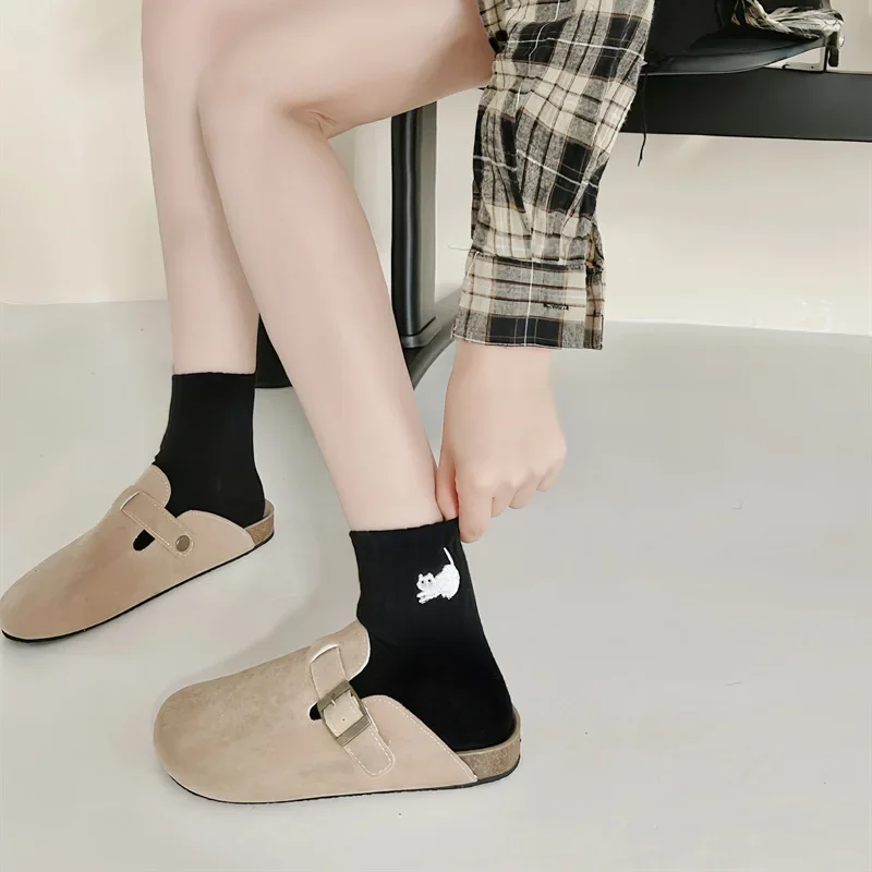 Chaussettes courtes brodées de chat pour femmes, style mignon, bas et bonneterie, 1 paire