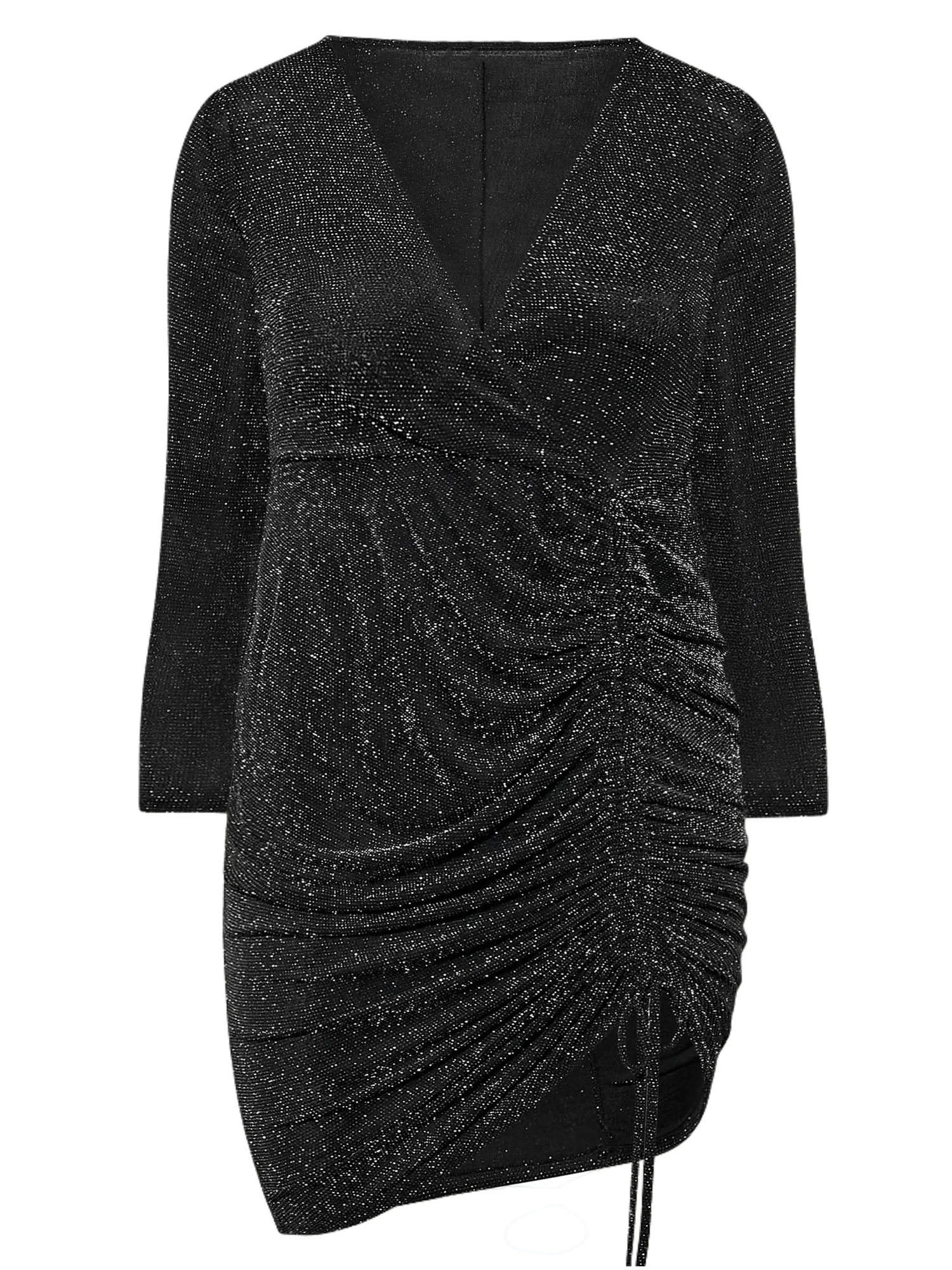 Plus Size Elegant Spring Autumn Ruched Wrap Dress Women Long Sleeve Black Glitter Bodycon Dress Plus Size Sheath Party Dress 7XL