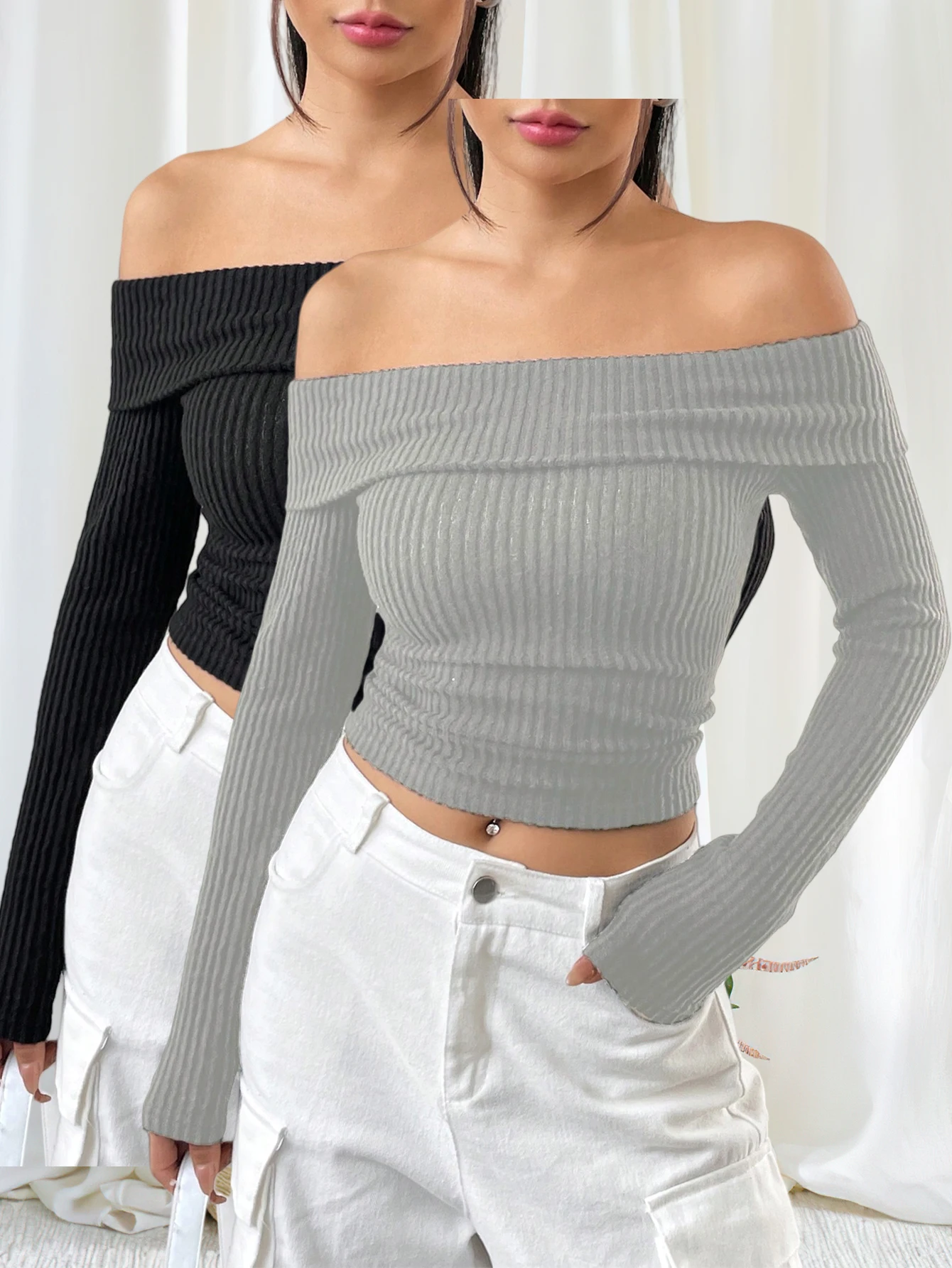 

Stylish and versatile off-the-shoulder long-sleeve slim-fit T-shirt set for fall and winter, two-piece set