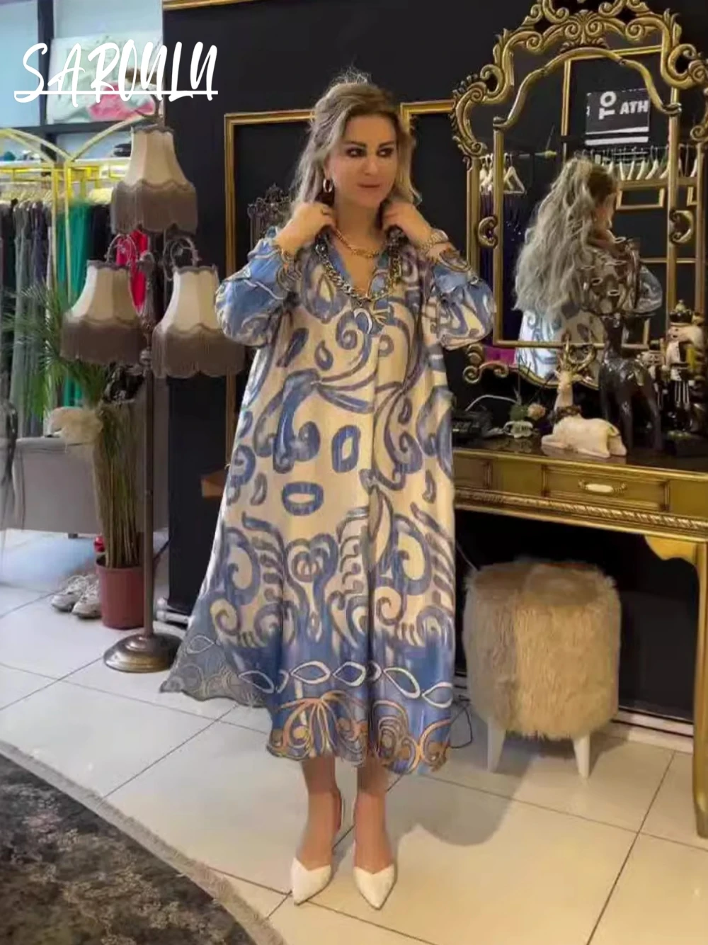 Robe de soirée Chic à imprimé Floral, coupe ample, confortable, col en V, Kaftan, pour fête, 3 couleurs, belle Robe de Cocktail, expédition rapide