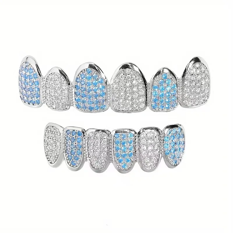 Iced Out Blue White CZ Teeth Grillz Set Top Bottom Hip Hop Micro Pave Cubic Zirconia Mouth Grills Fashion Cosplay Jewelry