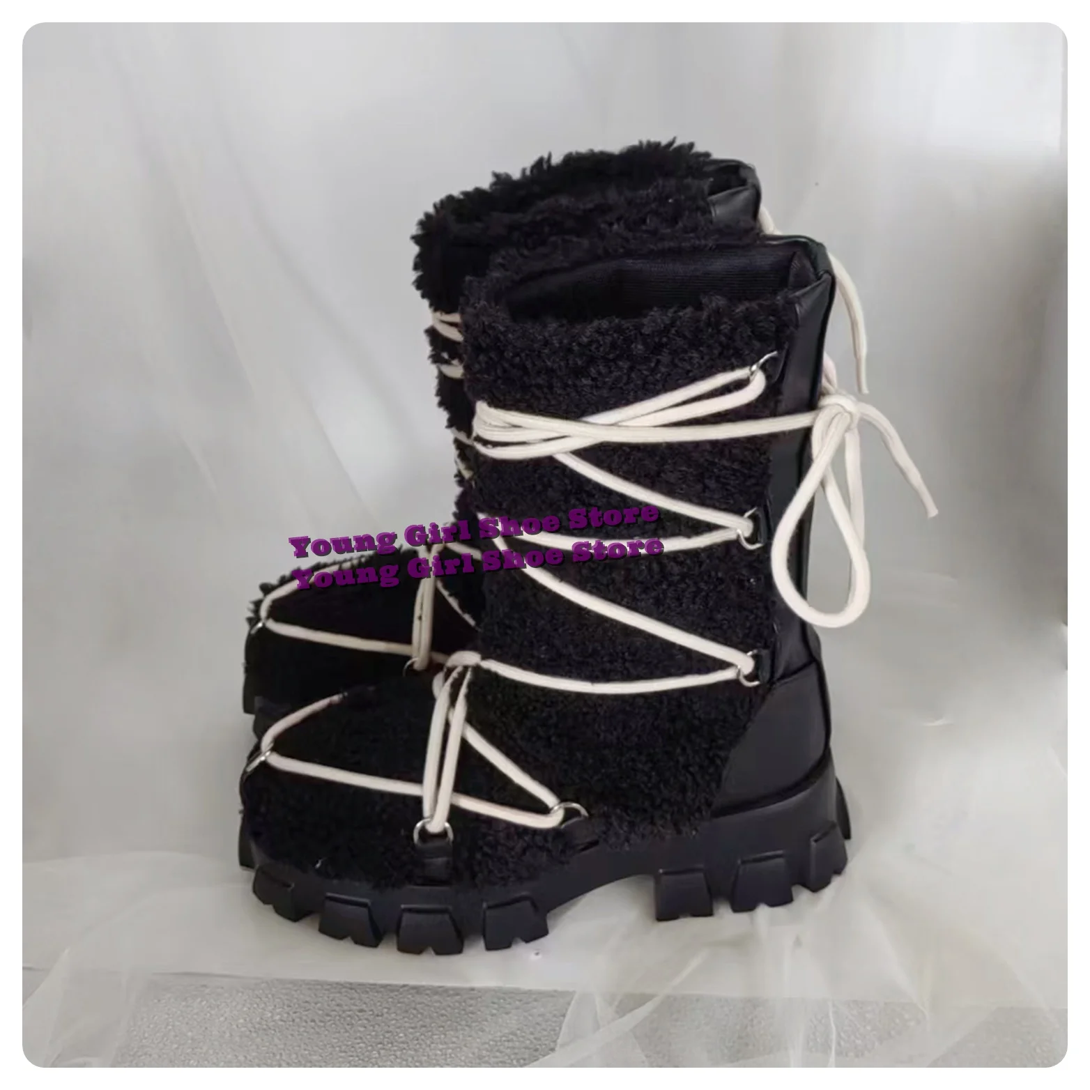 Lace-up Ankle Boots Black Round Toe Fur Boots Platform Punk Street Height Increasing Winter Warm Shoes Slip-on New Arrival