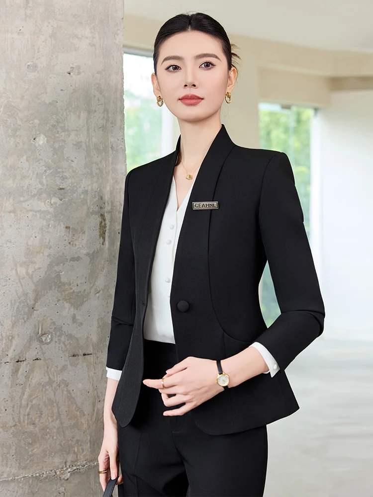 Elegant Blue Women's Suit Set for Property Hotel Front Desk Reception Jewelry Store Beauty Salon Work Uniform Commute Style S...
