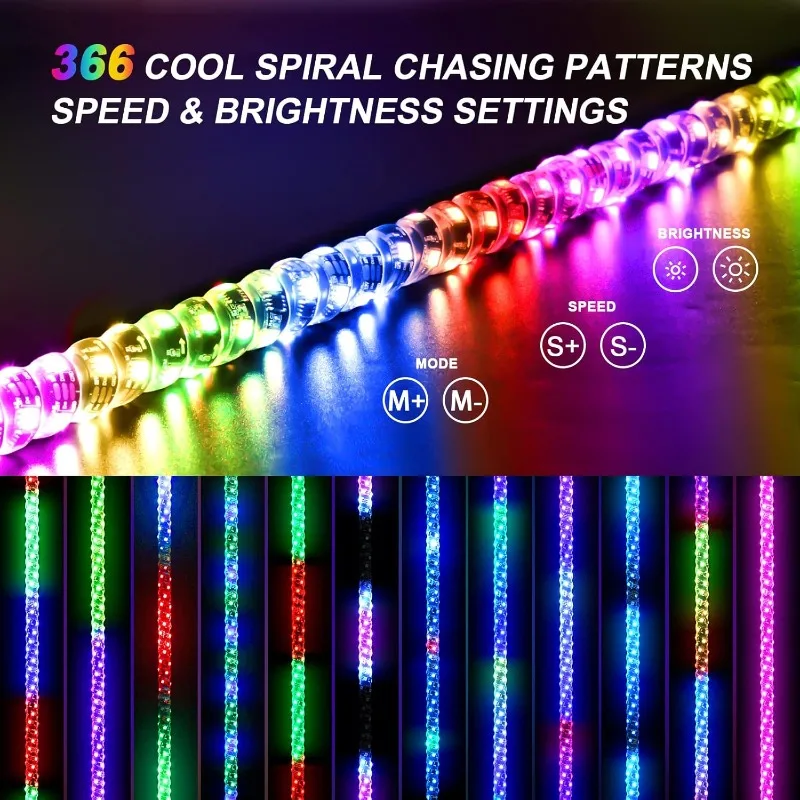 2 Pack 4FT Whip Lights with Spring Base,LED Whip Light with App & Remote Control, Spiral RGB Chasing Lighted Whips with Rocker