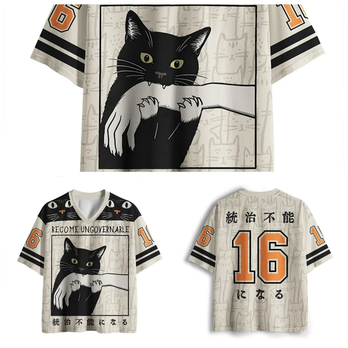 Erwachsenen- und Kinder-Version des 3D-gedruckten Sport-T-Shirts „Rebellious Black Cat“ mit dem Vintage-Bestseller-Design „Uncontrollable“ und V-Ausschnitt und kurzen Ärmeln – Detail 2