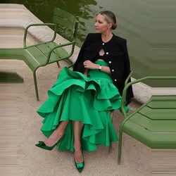 Green Ruffles Satin Skirts High Waist Formal Women Maxi Skirt Floor Length Tiered Bridal Wedding Skirt Christmas Lady Skirt