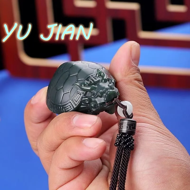 New Traditional Chinese Craftsmanship Hetian Jade Holy Beast Dragon Tortoise Handle Ornaments Pendant Necklace Fine Jewelry