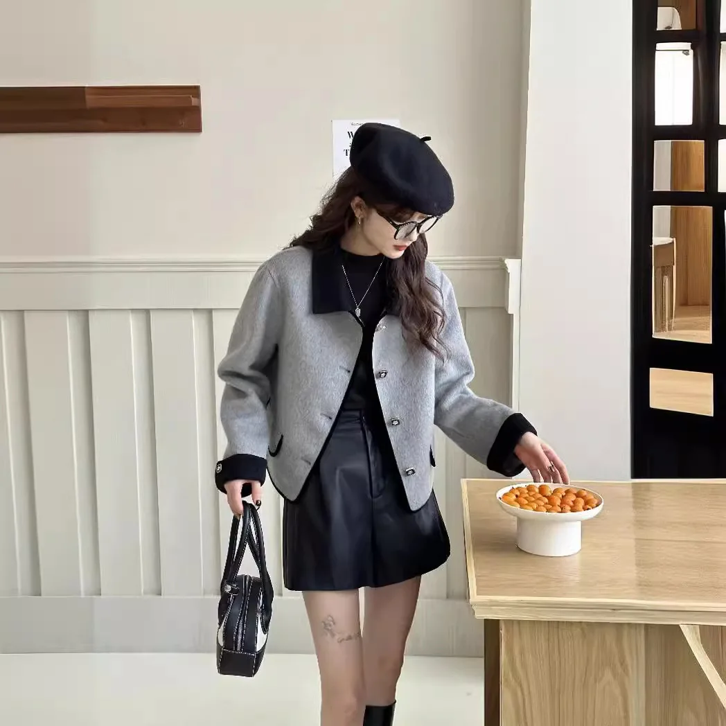 Xiaoxiangfeng-Manteau en cachemire double face pour femme, manteau court de célébrité, laine de haute qualité, petit sens du design, purement fait à la main