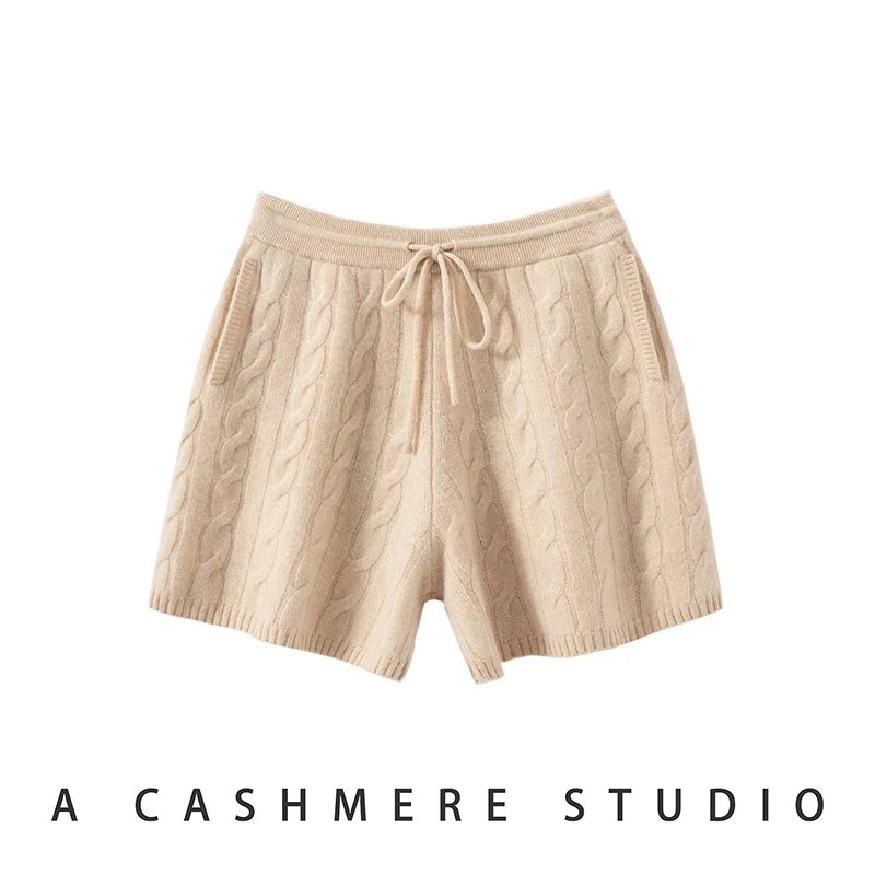 

High quality Women 100% Cashmere Short Trousers Spring Autumn Comfortable High-Waist Knitted Short Pants Female Casual Shorts