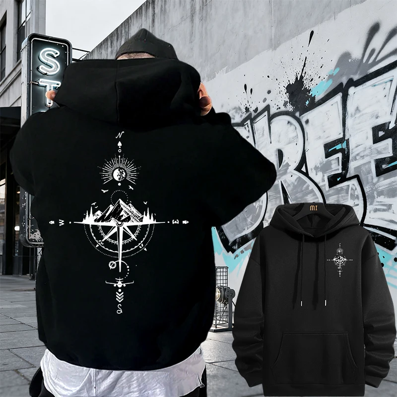 Retro compass print men's hoodie, high-quality long-sleeved pullover, autumn/winter casual sportswear, menswear Y2K trend.