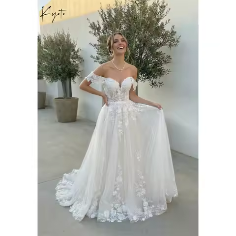 Kyoto Customized White Tulle Off Shoulder Wedding Dress Sleeveless Zip Back vestidos de noiva A-Line Court Train Evening Dress