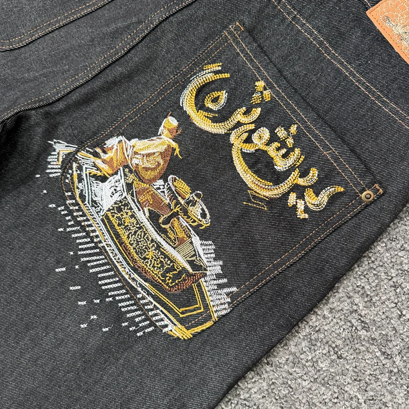 Fashion New DERSCHUTZE Men's Embroidered Baggy Denim Shorts Loose Casual Streetwear Jean Shorts