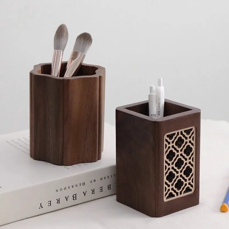✨ Black Walnut Pen Holder Hollow Geometric Carving Wooden Desk Organizer Simple Office Aesthetic Desktop Storage Box Craft