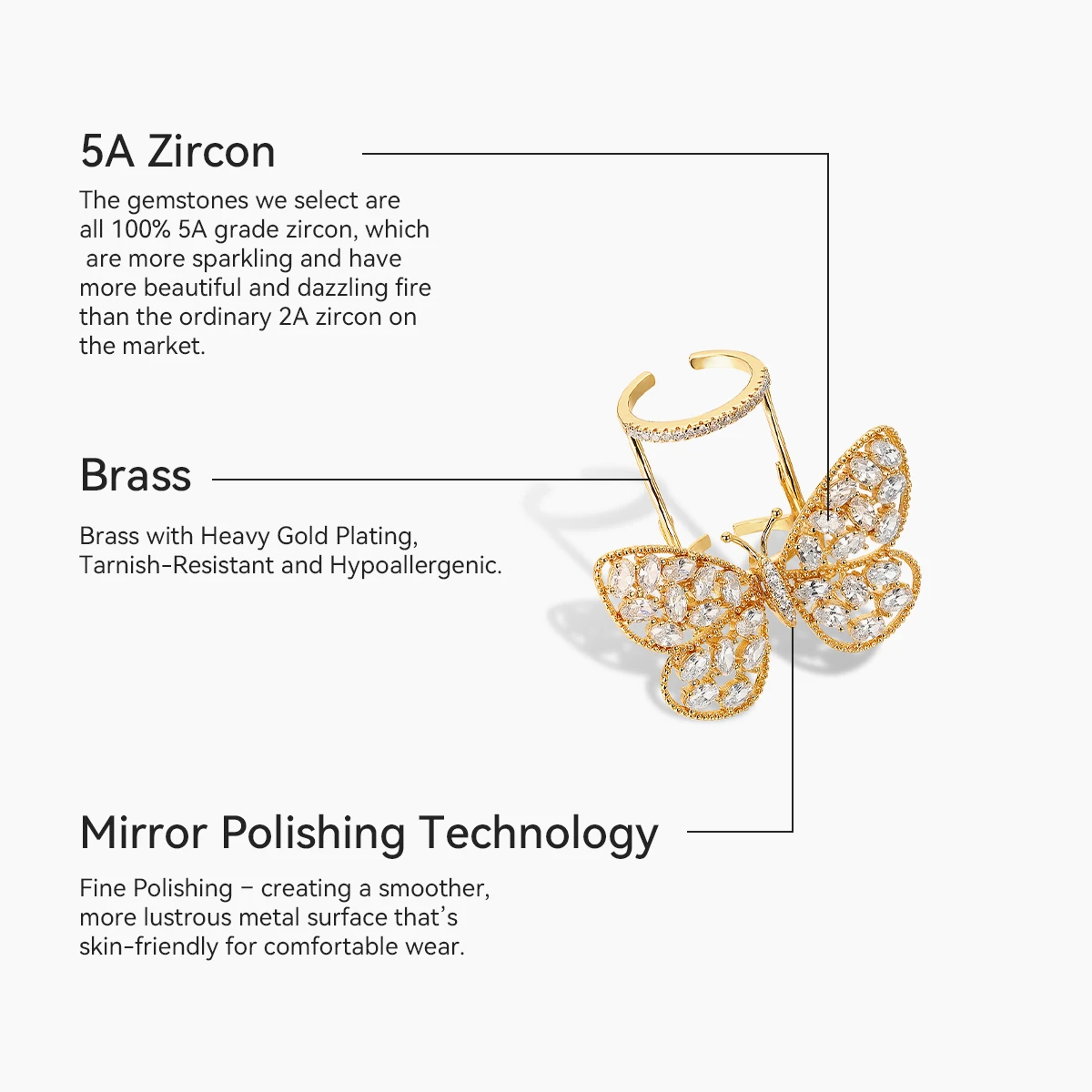 Kfvanfi High Quality Women\'s Butterfly Ring Copper 18K Gold Plated Adjustable Creative Movable Luxury Stress Relief Jewelry Gift