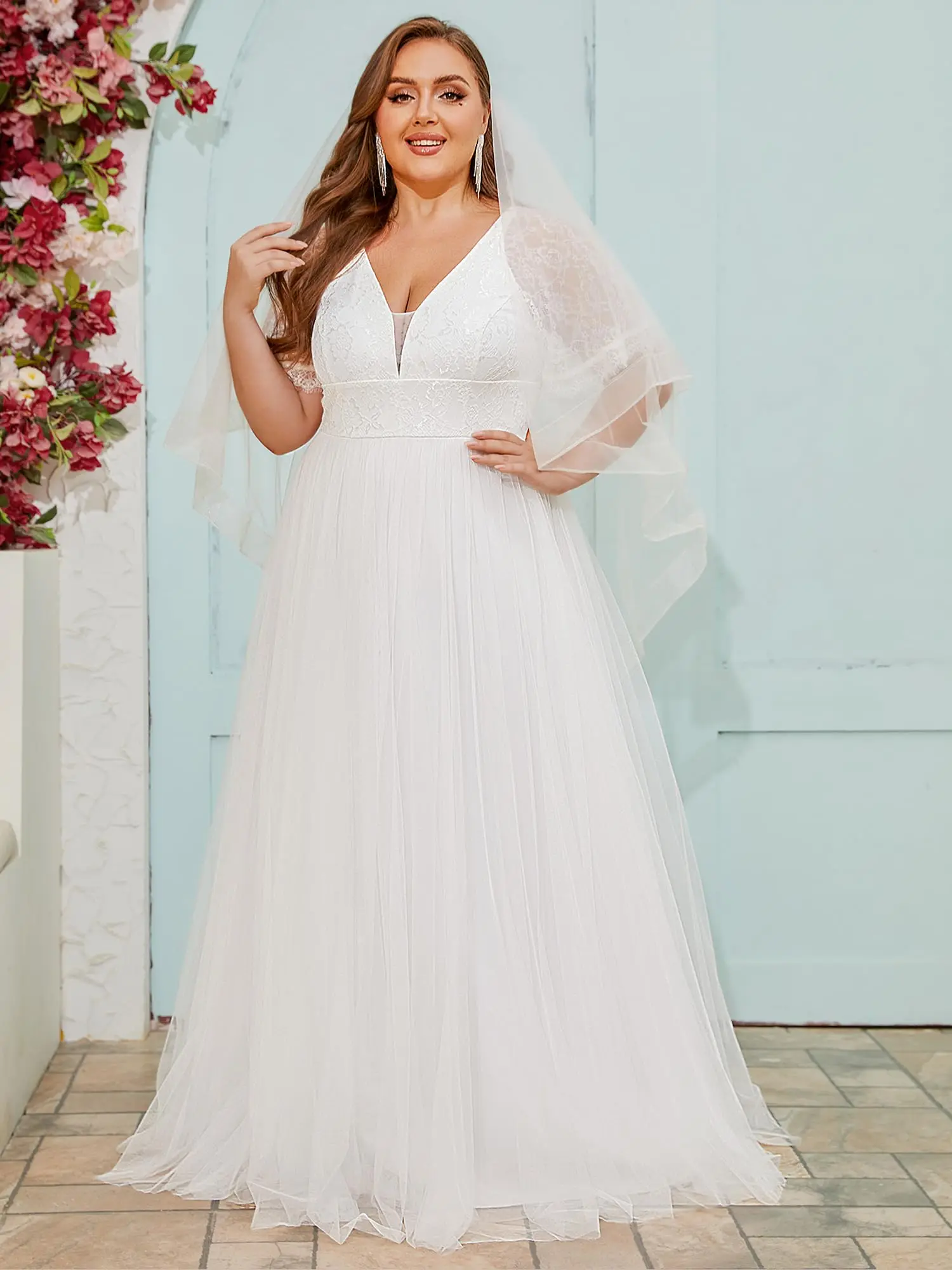 

Customized Plus Women's Lace V Neck A Line Short Sleeves Long Simple Bridal Gown Plus Size Wedding Dress for Bride Bridal Gown