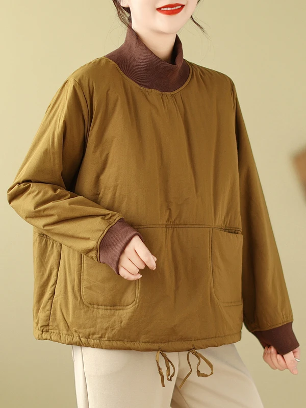 

Women's Retro Cotton Sweatirt Jaet f High Collar Base irt Inner Wear Top Winter Outerwear Loose Fit Long Sve