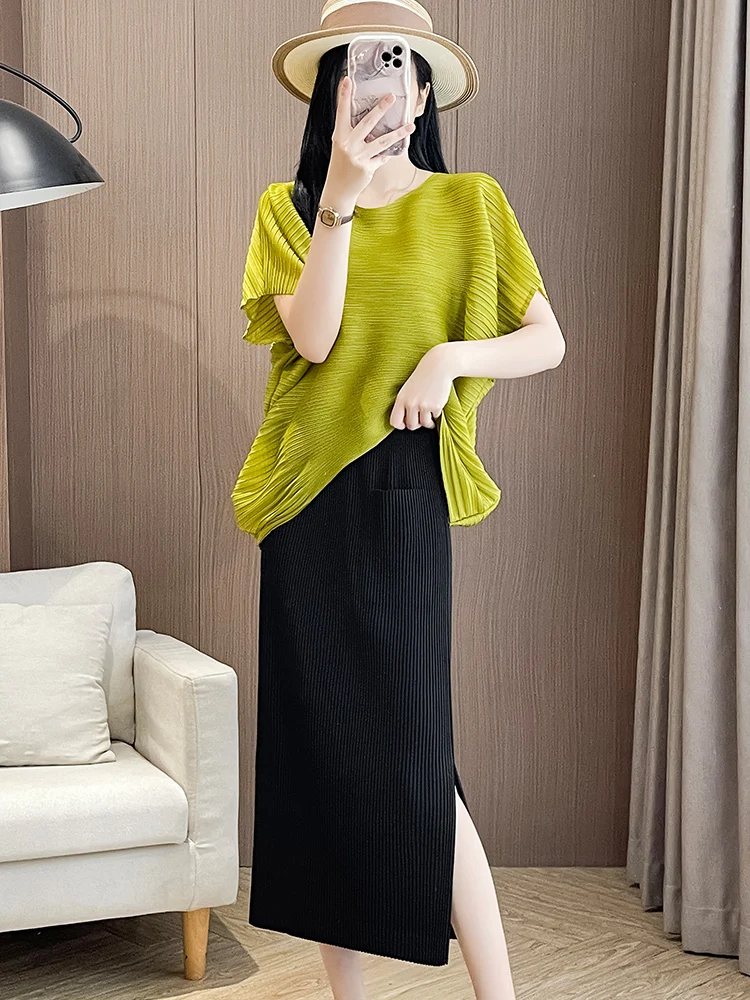 

Loose Batwing Sleeve Printed Slimming Half Skirt Two-Piece Set Women's Summer Crease Simple Style Silk Top Commute Fashion
