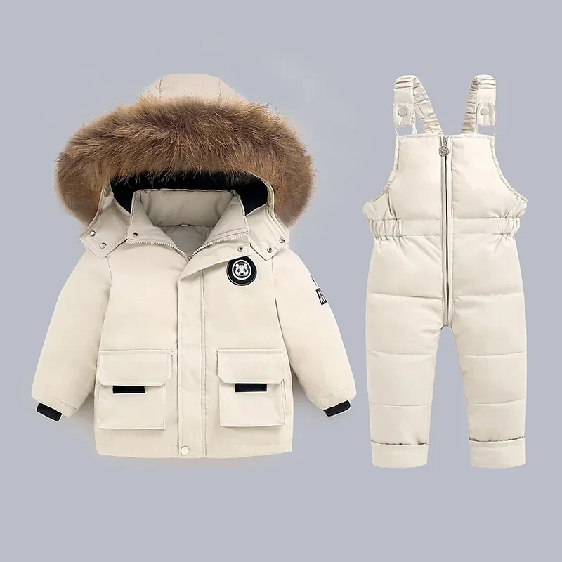 Outdoor Winter Children Clothing Set 2Pcs Kids Down Jackets Sets Thick Warm Down Coats+Strap Pants Baby Snowsuits Overalls