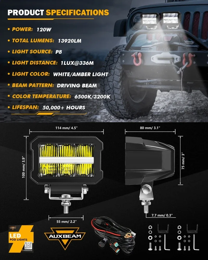 AUXBEAM Lampada da lavoro a LED da 4,5 pollici 120W 13920LM Pod con DRL BIANCO e SEGNALE DI TURN AMBRA Lampada fendinebbia per guida fuoristrada