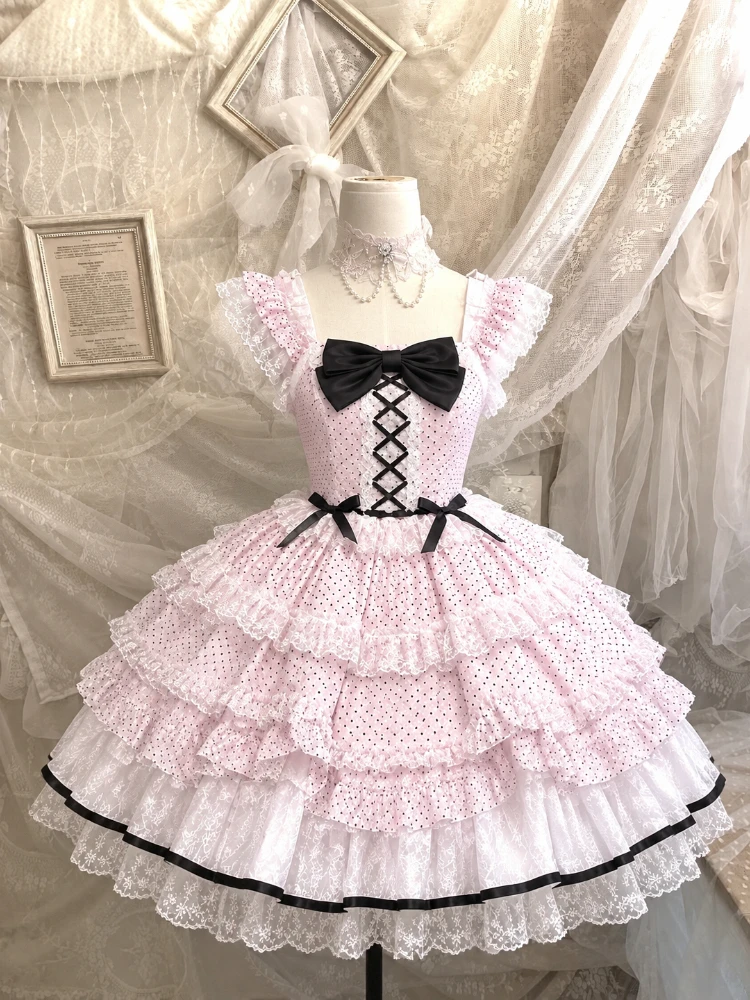 Kawaii Japanese Lolita JSK Strap Dress Girls Outfit Holiday Party Cosplay Fashion Y2K Retro Lace Sleeveless Aline Dress New