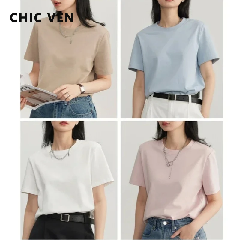 

Модная женская футболка CHIC VEN: базовая модель с круглым вырезом, коротким рукавом, однотонная, повседневная, для девушек, лето 2026