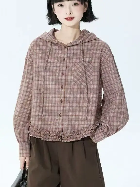 Retro Sle oranje geruite capuchon lange Sve losse irt dubbellaags houten omzoomde top voor dames herfst faion dames...