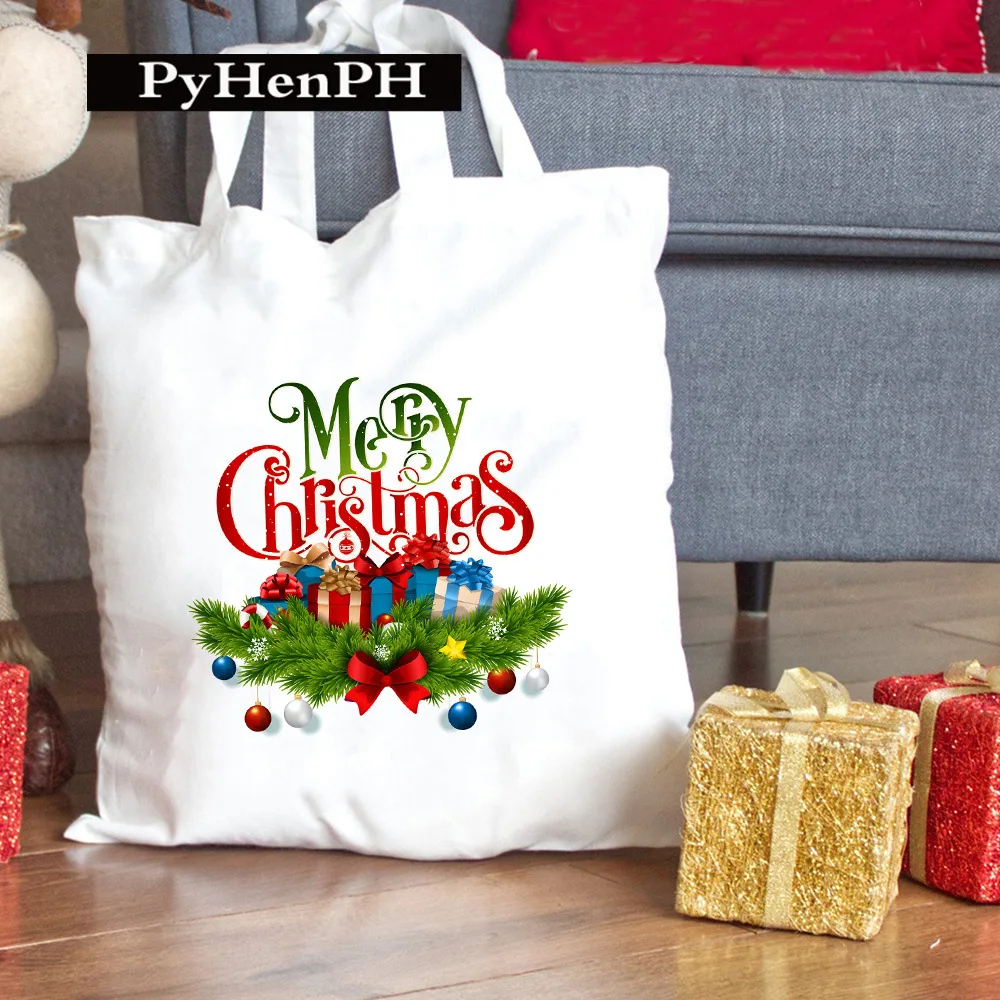 Bolsa tote de lona com tema de natal, caixa de presente de feliz natal, xadrez de árvore, bolsa de compras de ombro festiva para mulheres