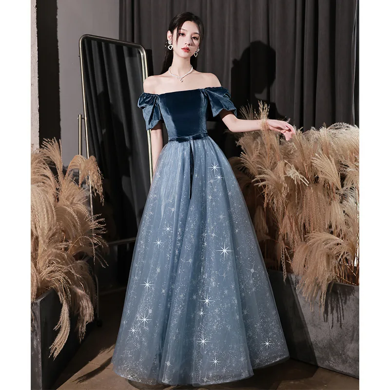 

Elegant Puff Sleeve Back Bandage Bow Velour Splicing Chiffon A-Line Evening Dress Women Formal Gowns Robe De Soiree Cheongsam