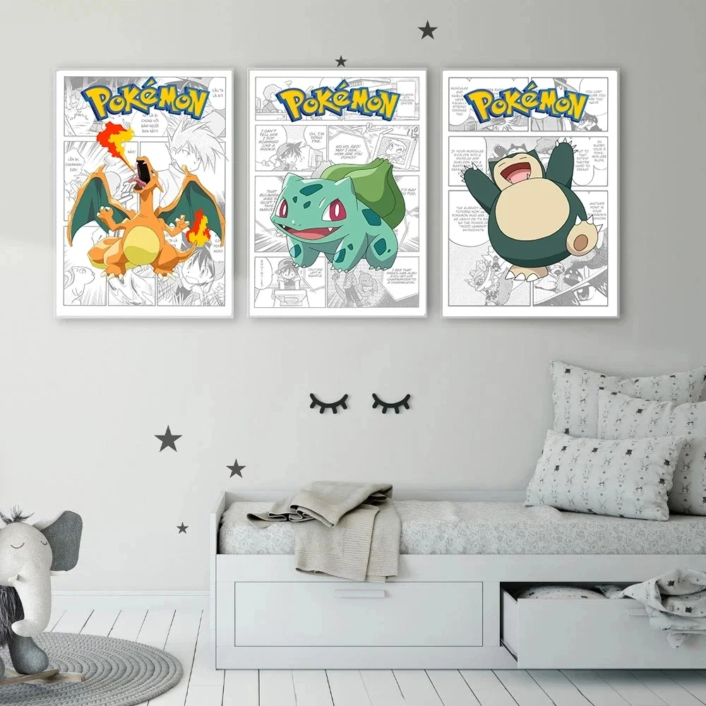 Pokemon urządzenia peryferyjne plakaty Pikachu Bulbasaur Charizard Snorlax na płótnie malarstwo Anime wydruki artystyczne na ścianę dla dzieci