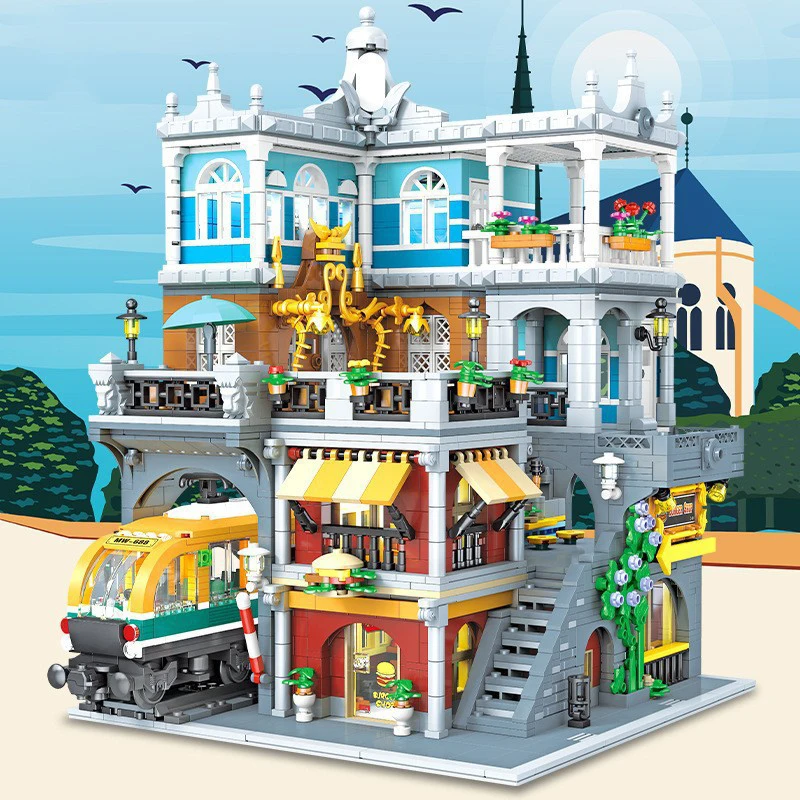 MOC モダン列車バーガーショップビルディングブロック 89128 食品店ハウスライト建築 DIY おもちゃ子供の誕生日プレゼント