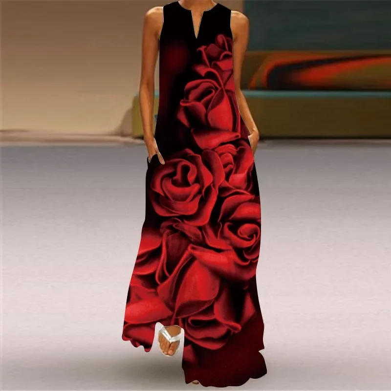 Women Romantic Red Rose Print Long Dresses For Women V-Neck Pocket Long Sleeveless Tank Dress