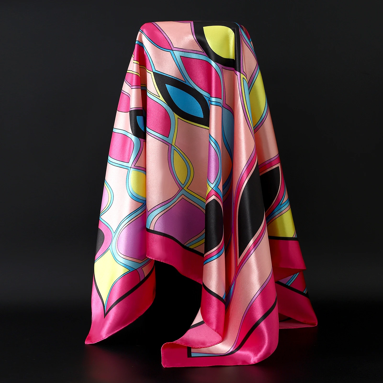 여성용 실크 새틴 히잡 스퀘어 스카프, 럭셔리 프린트, 우아한 헤어 핸드 백, 풀라드 숄 랩, 목 넥타이, 머리 스카프, 반다나, 90cm